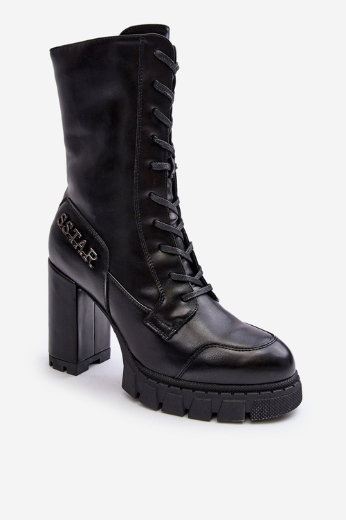 Leather Lace-Up Boots On Massive Heel Black Khariah 