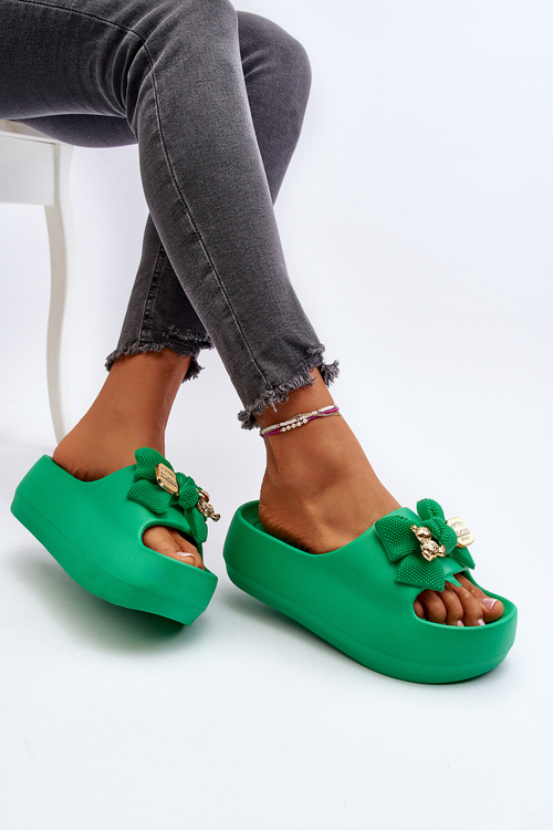 Women's Foam Flip Flops with Green Bow Salessa