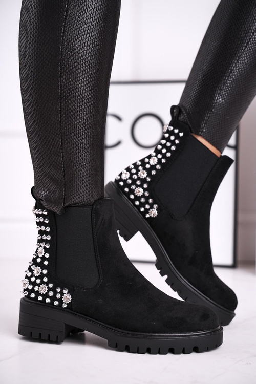 Women's Boots Silver Rivets Black Lady In Black