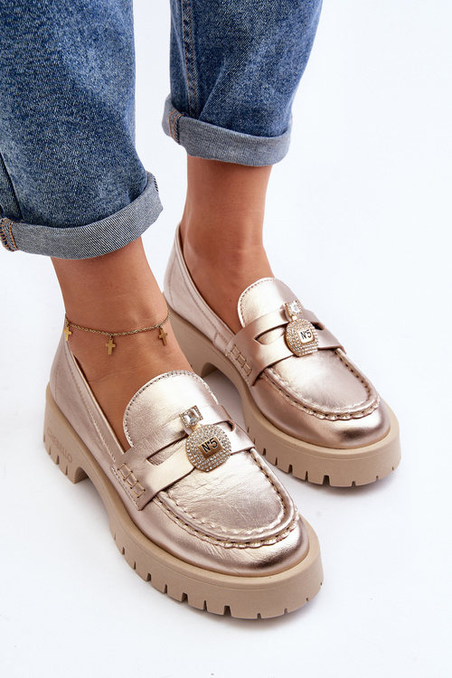 Leather Loafers with CheBello 4291 Gold Decoration