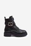 Gennee Leather Black Workery Boots with Chain