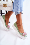 Leather Ballerinas On A Platform With Colorful Ornament Green Ladette