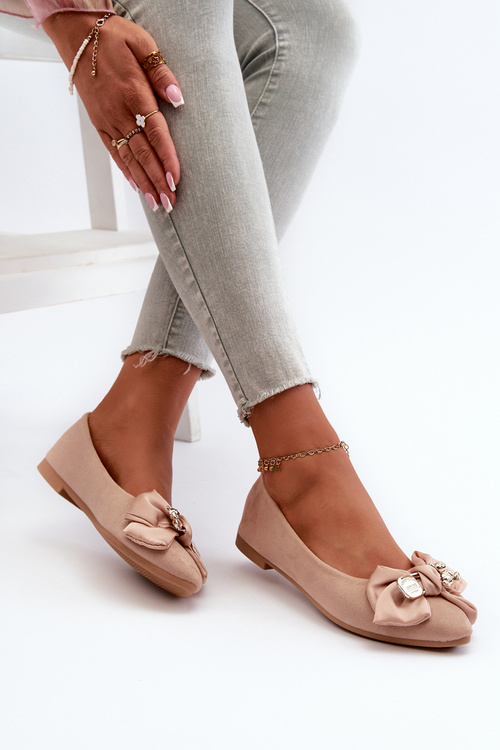 Women's Eco Suede Ballerina Flats with Bow and Brooch Beige Satris