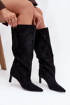 Damskie Wsuwane Kozaki Na Szpilce Eko Zamszowe Czarne Phelin