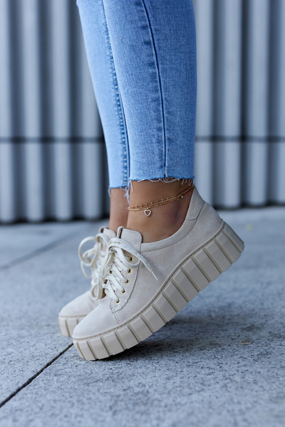 Półbuty Zamszowe Platforma Wiązane Jasnobeżowe Lewski Shoes 3163