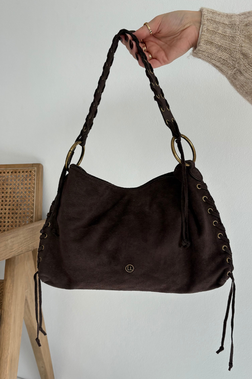 Leather Suede Bag With Decorative Lacing Chocolate Janelis