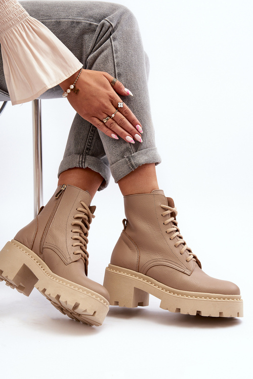 Zazoo 3413 Women's Leather Ankle Boots with Chunky Heel Beige