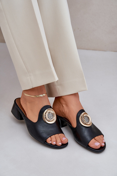 Klapki Damskie Eleganckie Niski Obcas Ozdoba Czarne Feledis