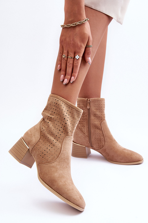 Suede Mesh Boots On Heel Dark Beige Pearls