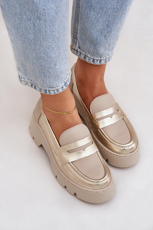 Mokasyny Damskie Skóra Naturalna Płaski Obcas Platforma Złote Zazoo 20191