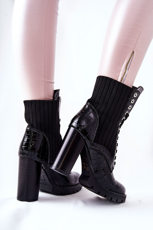 Women's Boots On High Heel Crocodile Pattern Black Erdogan