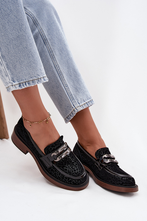 Damskie Mokasyny Z Naturalnego Zamszu Ozdoba Czarne D&A MR52-176