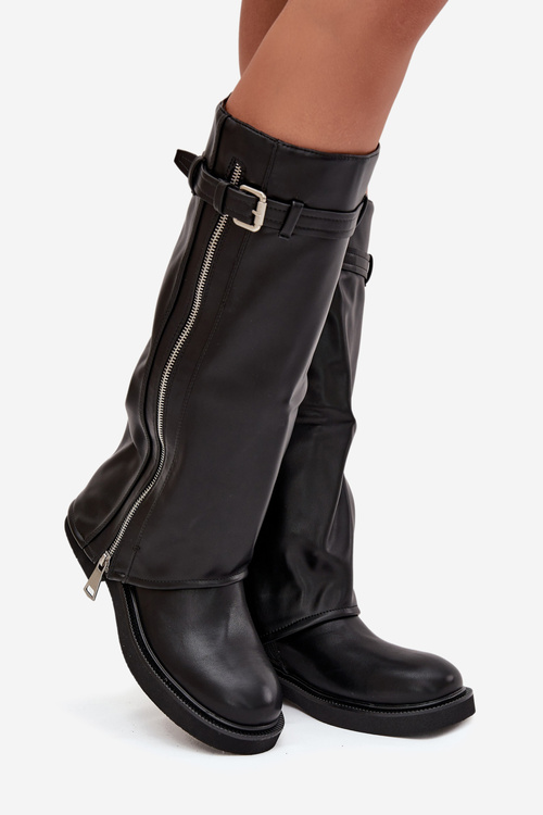 Women's Boots With Turned Cuff Buckle And Silver Zipper Lined Black Bressa