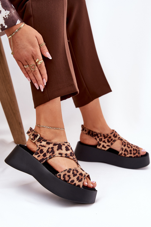 Women's Sandals With Leopard Print On Platform Eco Suede Brown Karonia