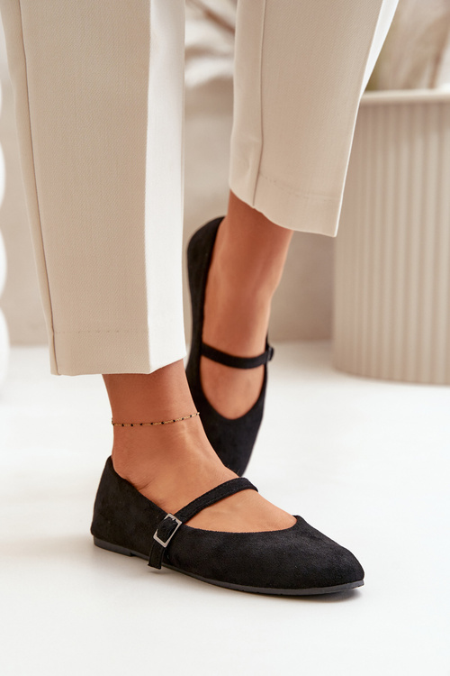 Flat Ballet Shoes With Strap Eco Suede Black Tirilina