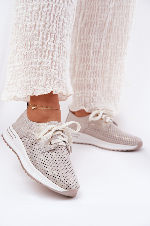 Półbuty Damskie Skórzane Na Platformie Beżowo-Złote Artiker 56C2113