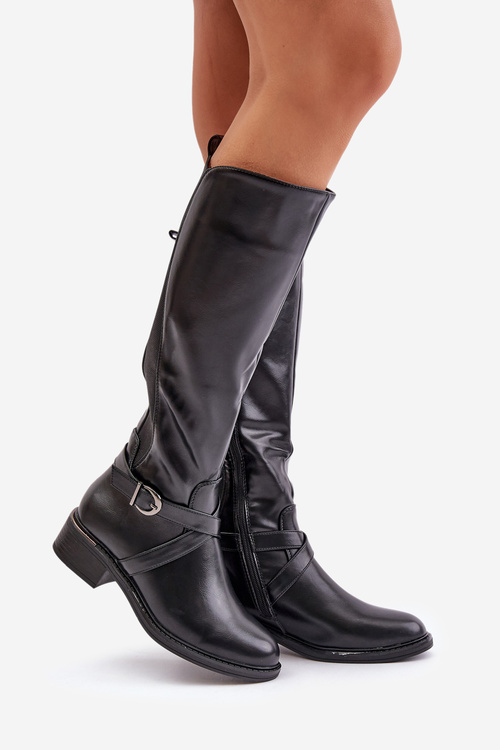 Warm Knee High Boots With Buckle And Zipper Black Seavella