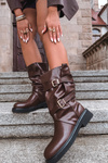 Wrinkled Women's Boots To The Middle Of The Leg With Straps And Buckles Brown Halvessa