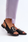 Elegant Women's Sandals with Gold Decoration on Flat Heel Black S.Barski KV27-053