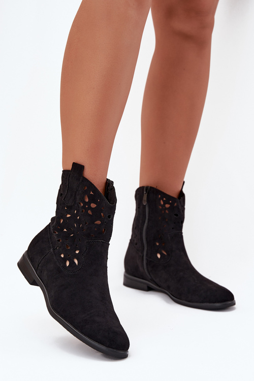 Women's Ankle Boots With Perforated Pattern On Flat Heel Eco Suede Black Athera