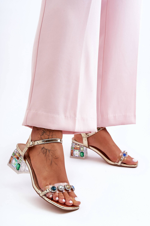 Sandały Damskie Obcas Kryształki Złote S.Barski MR1037-01