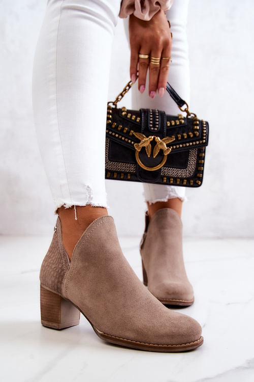 Botki Damskie Skórzane Słupek Suwak Beżowe Larsa