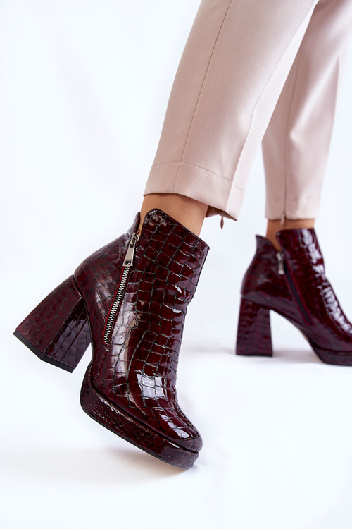 Botki Skóra Obcas Krokodyli Wzór Bordowe Alienore