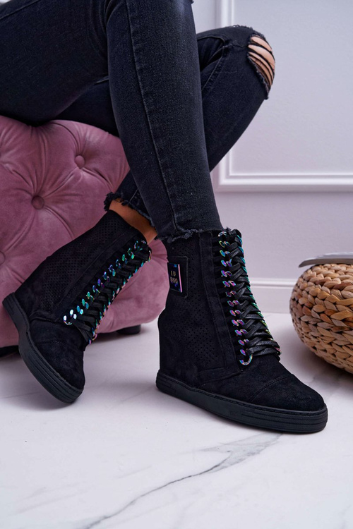 Women's Lu Boo Openwork Suede Sneakers Black Clamma