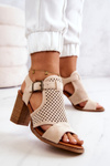 Openwork Sandals On A Block Heel Beige Hey Lover