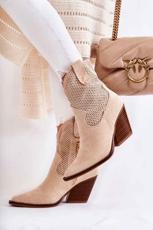Women's Suede Openwork Boots Cowboy Beige Eleonore