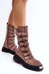 Leather High Boots with Straps  Dark Beige Elnatea