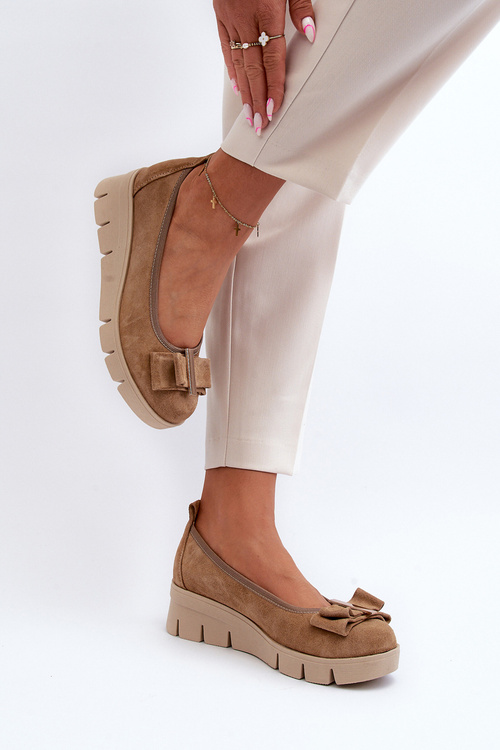 Leather Platform Ballerina with Decoration Beige Lewski 3384