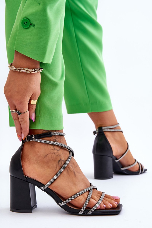 Women's Leather Sandals With Zirconia Heels Black Liviano