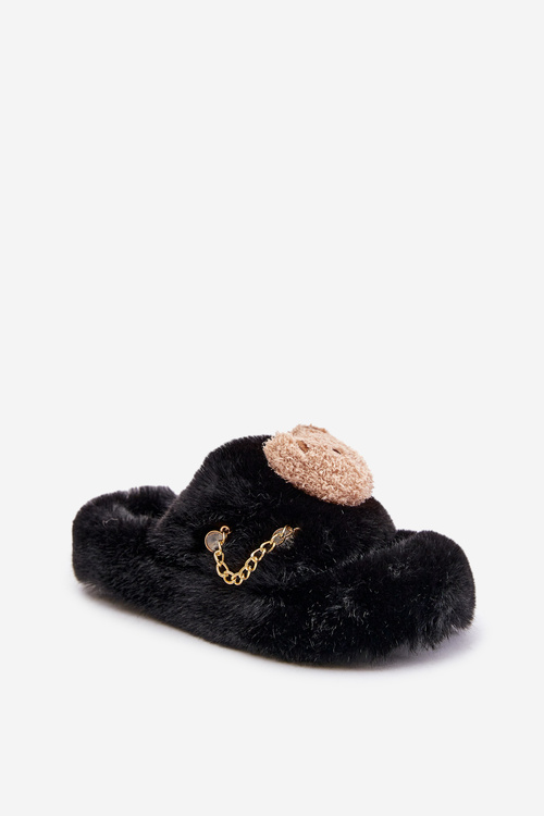Ladies Fur Slippers With Bear And Decorative Elements Black Innalise