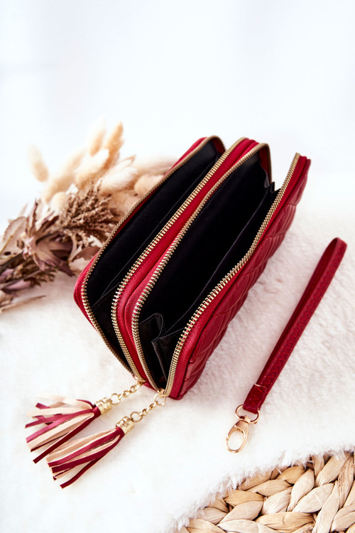 Duży Pikowany Portfel Na Suwaki Czerwony