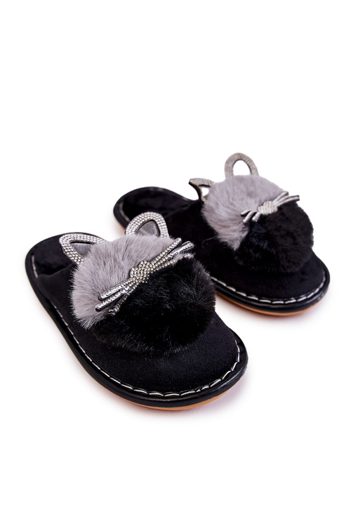Children's slippers with a kitten and rhinestones Black Carliss