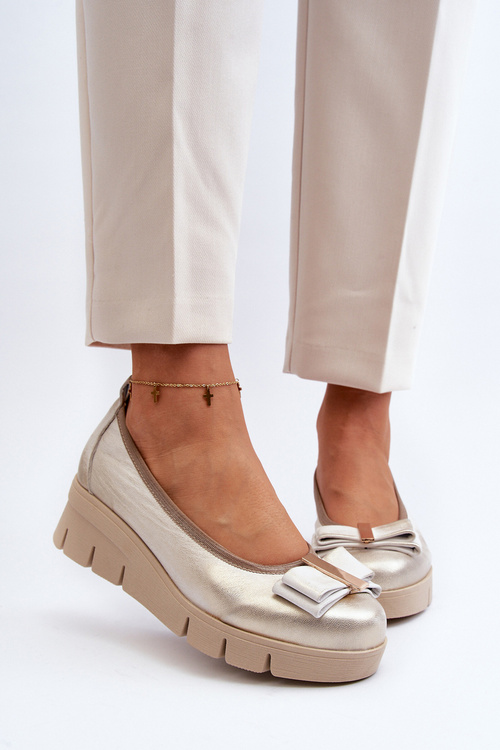 Baleriny Platforma Skóra Ozdoba Złote Lewski 3384