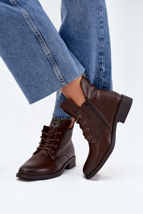 Low Women's Ankle Boots On Flat Heel With Decorative Detail Lined Brown Cylira