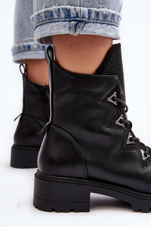 Leather Insulated Boots with Rhinestones Black Gwen SBarski HY93-52A