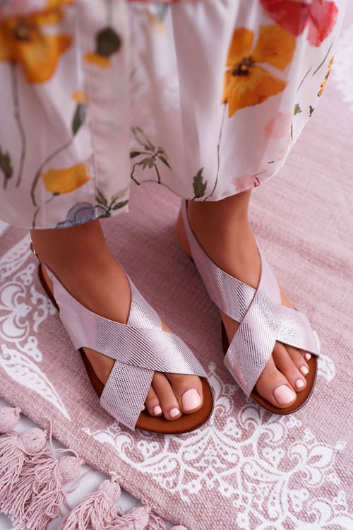 Sandały Damskie Płaskie Skórzane Laura Messi Różowe 1960