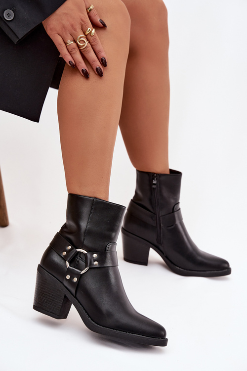 Damskie Botki Obcas Słupek Ocieplane Z Ozdobnym Elementem Czarne Jurelle