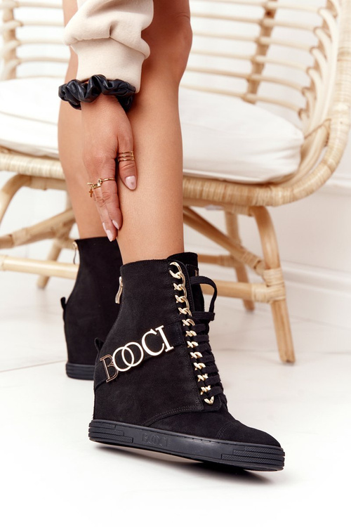 Women’s Suede Wedge Sneakers BOOCI 2222 Golden Letters Black