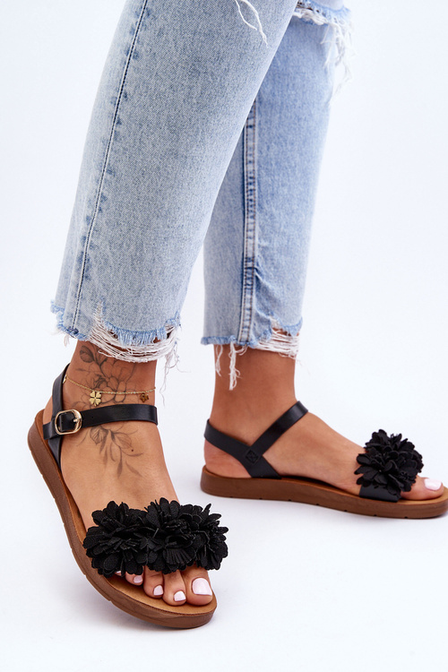Women's Sandals With Textile Flowers Black Fiori