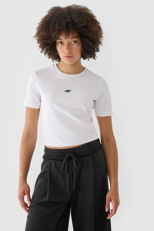 Women's Cotton T-shirt Slim Cropped 4F White 4FWAW24TTSHF1701-10S