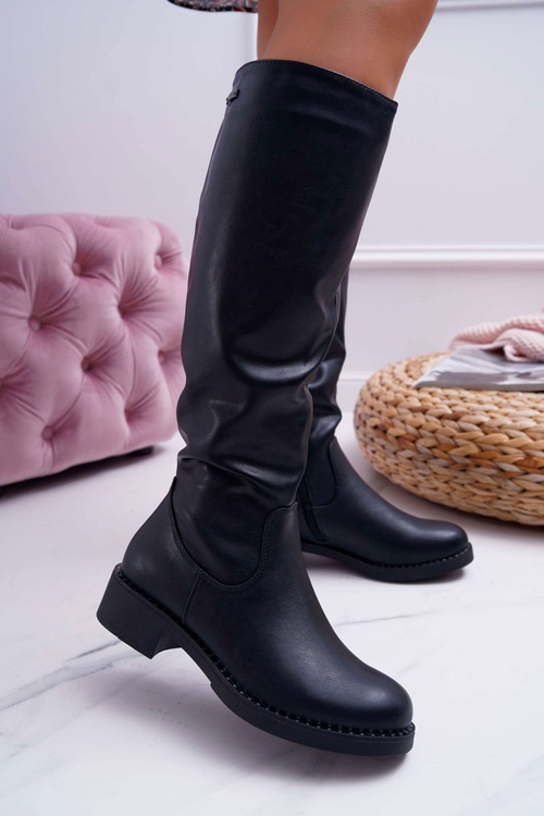 Damskie Kozaki Płaski Obcas Sergio Leone Ocieplane Czarne KZ280