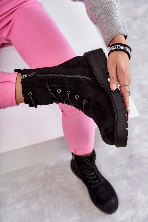 Women's Lace-up Suede Flat Heel Boots Black Firmina