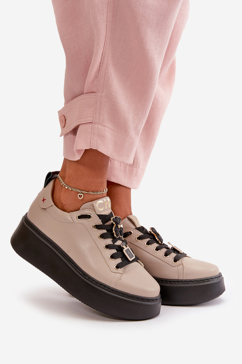 Women's Leather Sneakers With Pins On Platform Beige CheBello 4596
