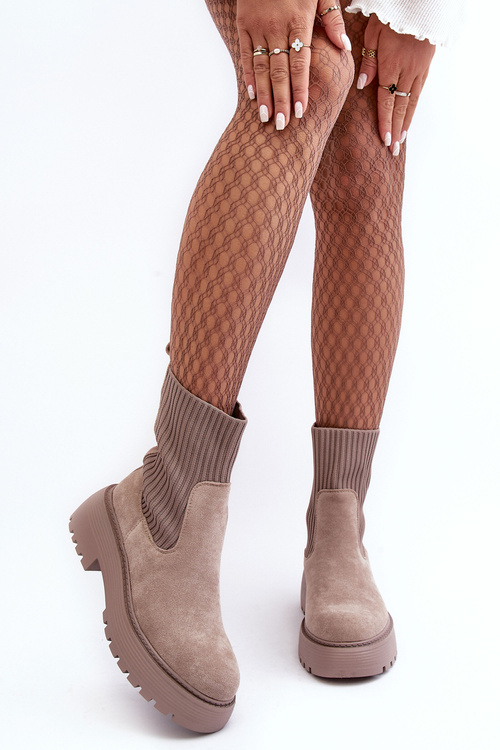 Women's Suede Boots With Sock On Platform And Flat Heel Dark Beige Rewam