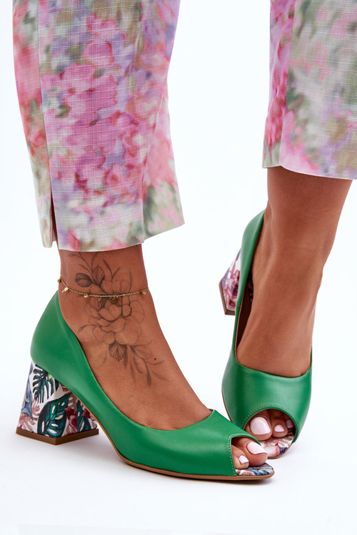 Skórzane Czółenka Z Ozdobnym Obcasem Lewski Shoes 2608/K Zielone