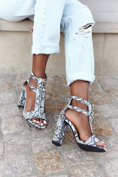 Sandals On A Block Heel Black With A Snake Pattern Folly